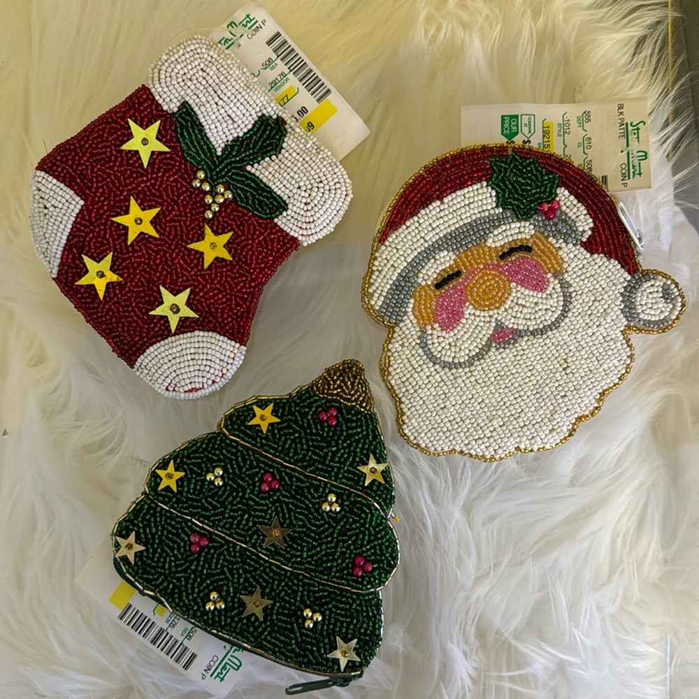 Lot of 3 Christmas  Beaded Coin Purse w Zipper Top